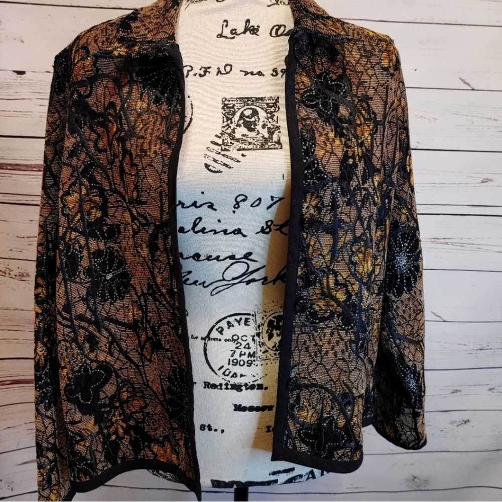 Vintage Embroidered Metallic Lace Blazer Jacket Boho Festival Medium - Picture 2 of 8